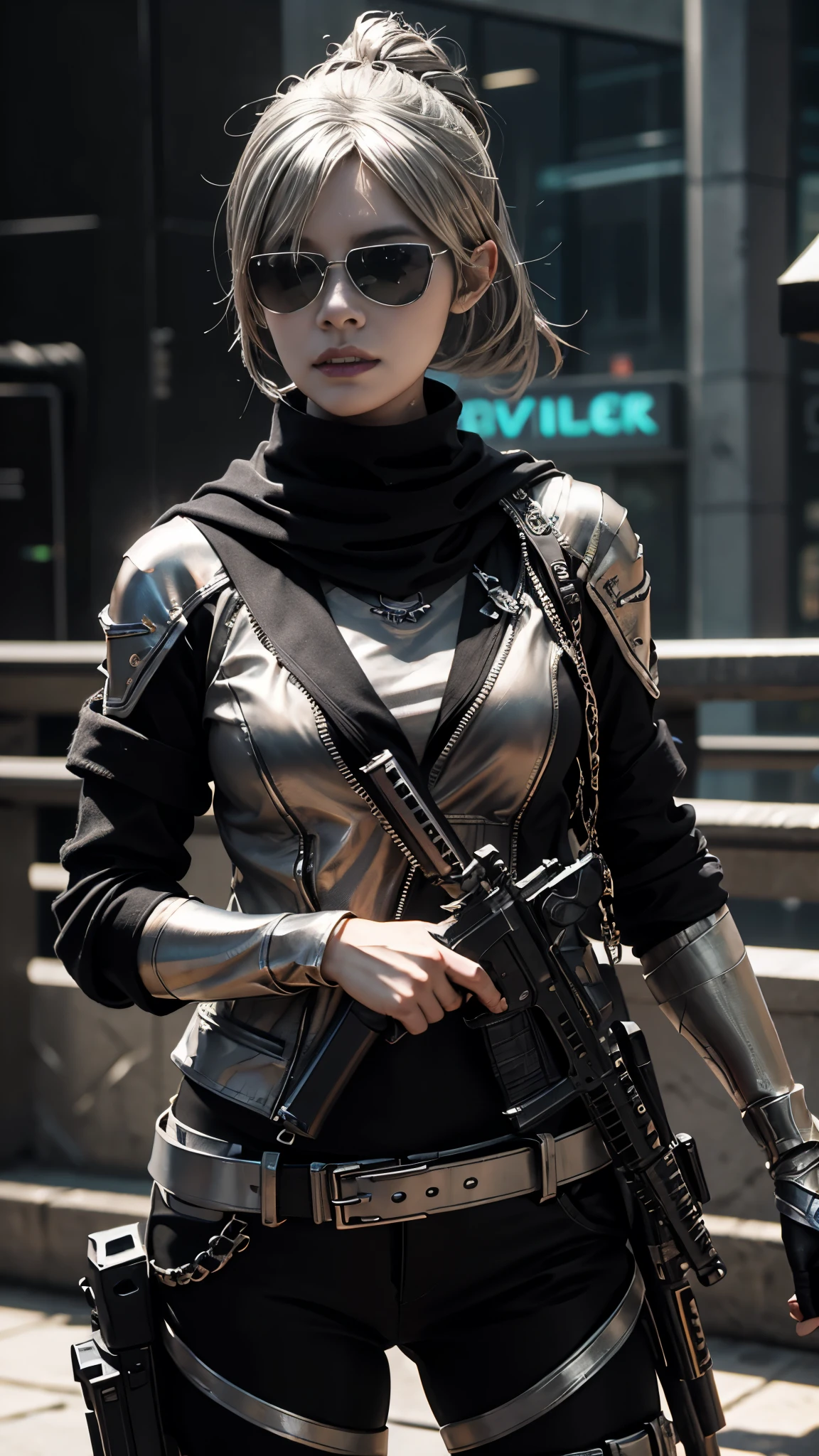 8K, UHD, masterpiece, 1 girl, detailed face, smart face, ((sunglasses)), detailed eyes, sniper rifle in hand, battleroyal, call of duty cosplay, call of duty modern warfare 3, ((ghost tribe)), ((silver and black cosplay:1.5)), belts, gun, methic gun, futuristic art, cyberpunk lihting, ultra extreme graphics, RTX 4090, ray tracing, bloom, depth of field, motion blur,