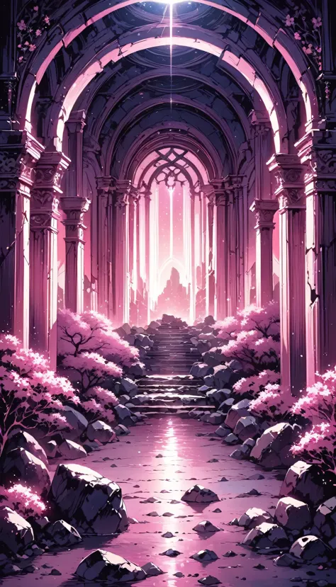 amazing pink tree on the rocks on the beach, a realistic depiction style of light, aisle, art inspired by faith, ruins, light-fi...