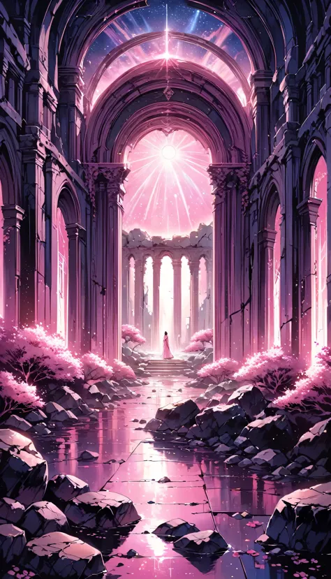Amazing pink tree on the rocks on the beach, A realistic depiction style of light, aisle, Art inspired by faith, ruins, Light-fi...