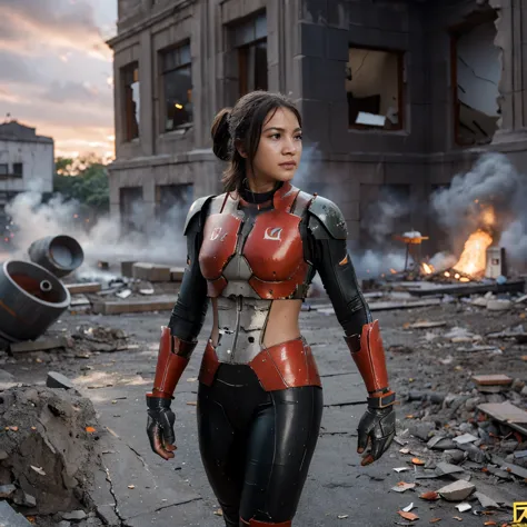 create a realistic photo of a girl indonesian walking in an ironman suit without a helmet. there was a destroyed tank exploding ...