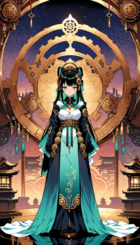 (highest quality), girl,Oriental detailed background, Oriental cityscape, steampunk, Shrine maiden