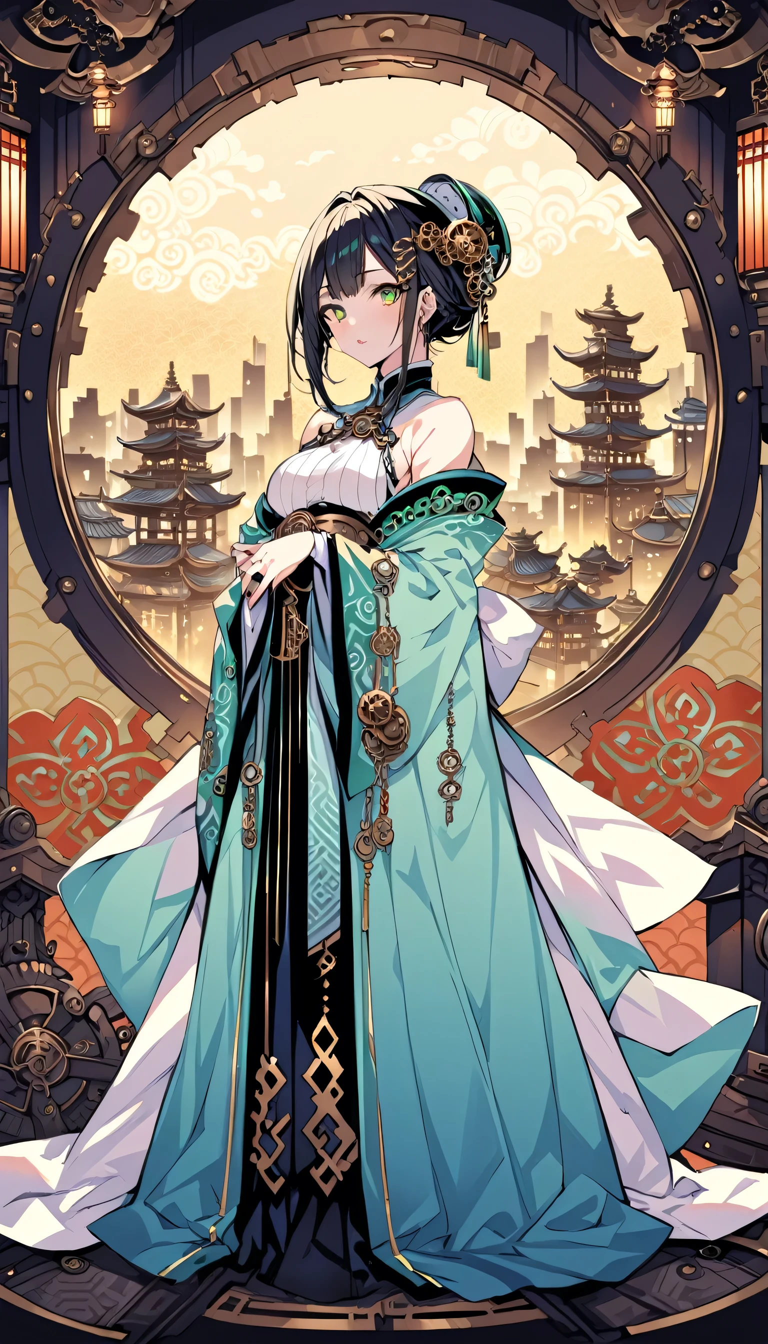 (la plus haute qualité), fille,Fond détaillé oriental, paysage urbain oriental, Steampunk, jeune fille du sanctuaire