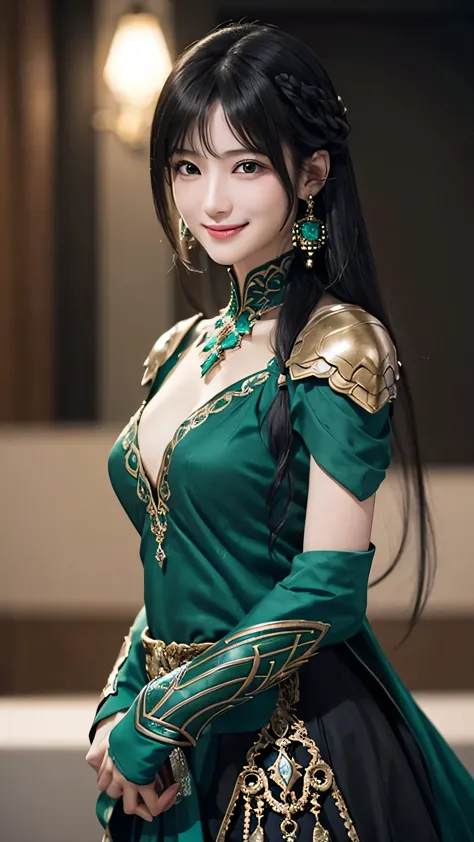 1 of 1 girls, armor, black_hair, Blurred, Blurred_background, Blurred_prospect, chest, green_eye, Closed_mouth, depth_of_Field, Earrings, jewelry, length_hair, Looking_in_Audience, smile, One person in, upper_body