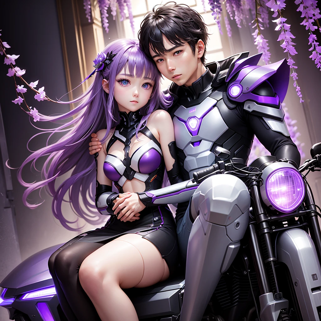 anime、mais alta qualidade、obra de arte、Arte oficial、16k、A melhor composição、A melhor fonte de luz、super detalhado、Super lindo、super detalhadoな目、Um casal futurista andando de moto, a garota está sentada atrás do garoto e o abraçando por trás com os braços em volta da barriga dele、A moto é futurista e neon roxa、Os meninos têm cabelos grisalhos、O porta-retratos é uma arte fractal de treliça de glicínias e a iluminação conjunta LED roxa cria um efeito fantástico、Há、Flores de glicínias caindo como neve、