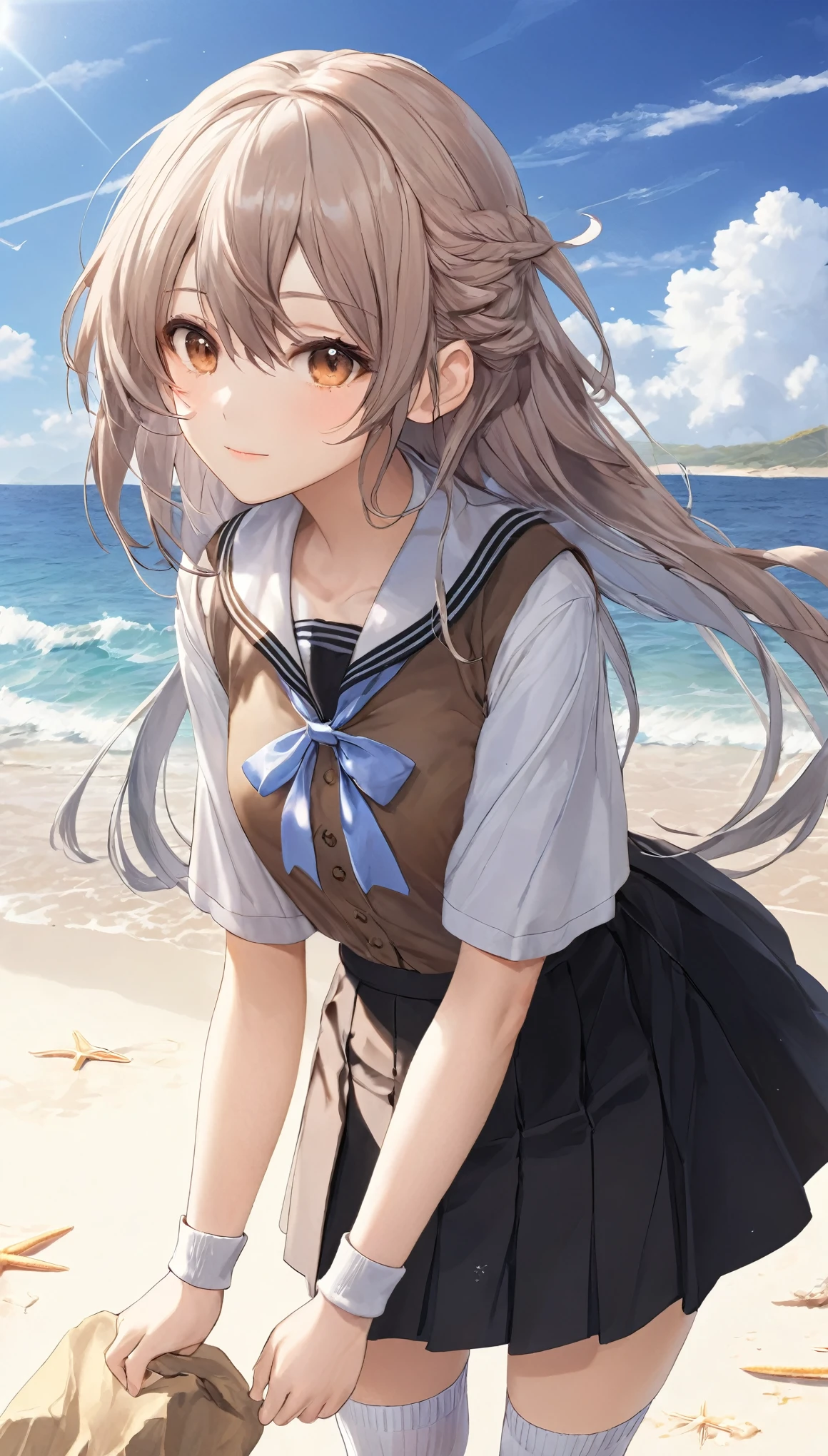 ((masterpiece)), ((highest quality)), ((High resolution)), ((Highly detailed CG Unity 8k wallpaper)), alone, tachibana kanade, Brown uniform, Black Skirt, White socks, Outdoor, face, Beach, Hanging hair, Parted hair, Silver Hair