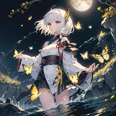 ((high resolution　White Hair　Short Hair　Black kimono　Black band　Military commander　Lonely　despair))　((Yellow butterfly　night　Jap...