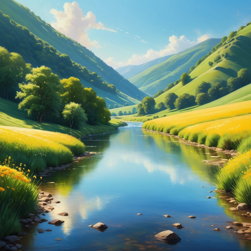 (best quality,4k,8k,highres,masterpiece:1.2),ultra-detailed,(realistic,photorealistic,photo-realistic:1.37),landscape,oil painting,vivid colors,impressionist style,sunny,hills,meadows,trees,flowers,river,calming,majestic mountains,golden sunlight,serene atmosphere,beautifully detailed foliage,gentle breeze,peaceful ambiance,bright blue sky,reflection in the water,soft rolling hills,graceful curves,nature's beauty,lush greenery,colorful palette,tranquil scene,harmonious composition,light and shadows blending seamlessly,dreamlike quality,inviting scenery.