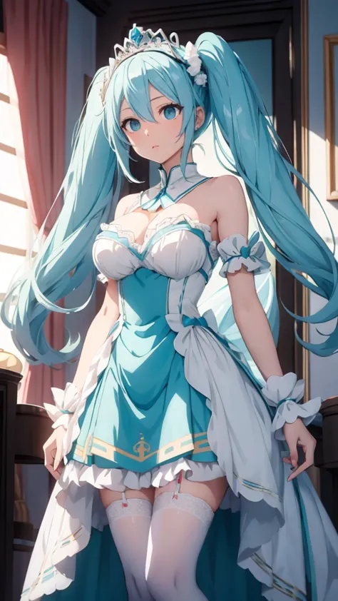 hatune miku VOCALOID, twin tails, light blue hair, light blue eyes, big breasts, white stockings, beautiful eyes, animated paint...