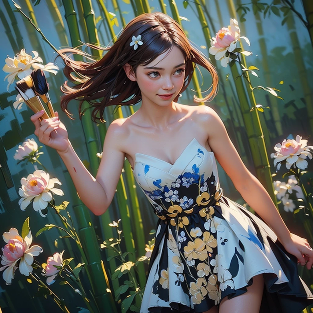 ((create), (young girl, 16 years, naked, full height, dark hair, bright skin, scarlet lips, smile; black, expressive playful eyes, long eyelashes), (female naked body, Fantastic space), (flowers, Chrysanthemums-лилии, peonies, 1 full-length girl-solo, beautiful breasts), (girl, bare shoulders, (ecchi0.5), lips, Splashing water, (flowers:0.6), (birds:0.2), (Bamboo0.1) , (lakes), (very beautiful, naked girl, full height, relaxed posture, slight body twist, facing the viewer, beautiful small breasts), (dressed; black translucent chiffon dress, Golden Line, Very short dress), (calm relaxed posture, hair fluttering in the wind, half a turn, look at the viewer, stylish girl model)).((Background - Fantastic space, flower garden, graphic clear line, stylized - graphic, (lily flowers, peonies, Chrysanthemums ) - (stunning blooming irises; (violet, yellow, blue, white), (Modern style, Modern, very beautiful young girl). (High quality, masterpiece). ((Highest quality workmanship, realism, oil painting, Modern brushwork, master&#39;s hand, mercy, ease of execution)).