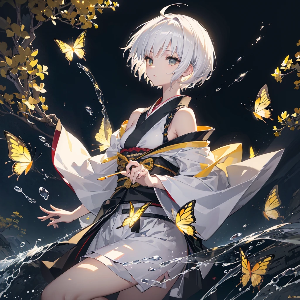 ((high resolution　White Hair　Short Hair　Black kimono　Black band　Military commander　Lonely　despair))　((Yellow butterfly　night　Jap...