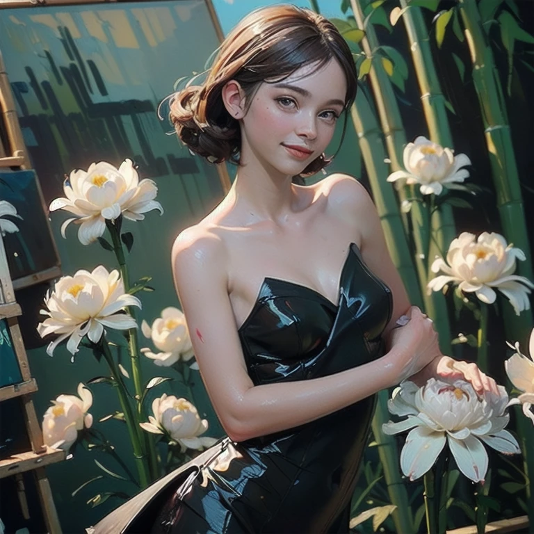 ((create), (young girl, 16 years, naked, full height, dark hair, bright skin, scarlet lips, smile; black, expressive playful eyes, long eyelashes), (female naked body, Fantastic space), (flowers, Chrysanthemums-лилии, peonies, 1 full-length girl-solo, beautiful breasts), (girl, bare shoulders, (ecchi0.5), lips, Splashing water, (flowers:0.6), (birds:0.2), (Bamboo0.1) , (lakes), (very beautiful, naked girl, full height, relaxed posture, slight body twist, facing the viewer, beautiful small breasts), (dressed; black translucent chiffon dress, Golden Line, Very short dress), (calm relaxed posture, hair fluttering in the wind, half a turn, look at the viewer, stylish girl model)).((Background - Fantastic space, flower garden, graphic clear line, stylized - graphic, (lily flowers, peonies, Chrysanthemums ) - (stunning blooming irises; (violet, yellow, blue, white), (Modern style, Modern, very beautiful young girl). (High quality, masterpiece). ((Highest quality workmanship, realism, oil painting, Modern brushwork, master&#39;s hand, mercy, ease of execution)).