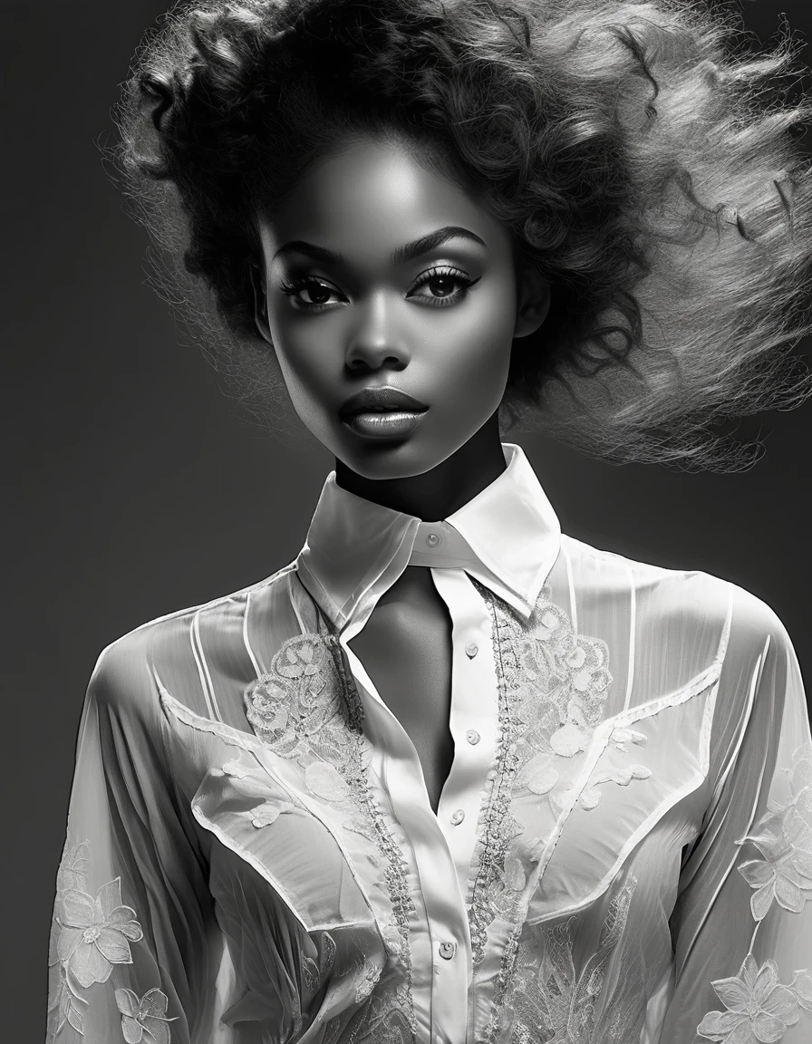 in style of Joe Fenton,Black model， character, portrait, half body, wearing a delicate shirt, highly detailed face, beautiful detail, sharp focus，Black and White Photography，Studio Photos，