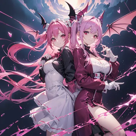 ((Fantasy　Pink Hair　Please dye the inside of your hair red　Twin tails　Dull red eyes　Succubus　Maid clothes　Put on a coat without ...