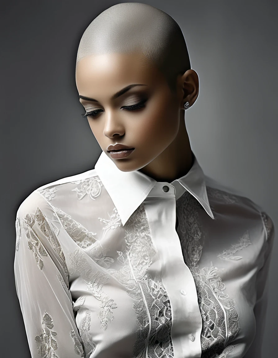 no estilo de Joe Fenton,Modelo feminina careca preta， personagem, Retrato, meio corpo, vestindo uma camisa delicada, Rosto altamente detalhado, belo detalhe, foco nitído，fotografia preto e branco，fotos de estúdio，