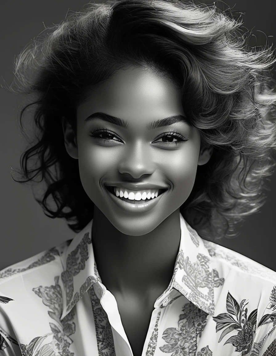 in style of Joe Fenton,Black model， Straight white teeth，character, portrait, half body, wearing a delicate shirt, highly detailed face, beautiful detail, sharp focus，Black and White Photography，Studio Photos，