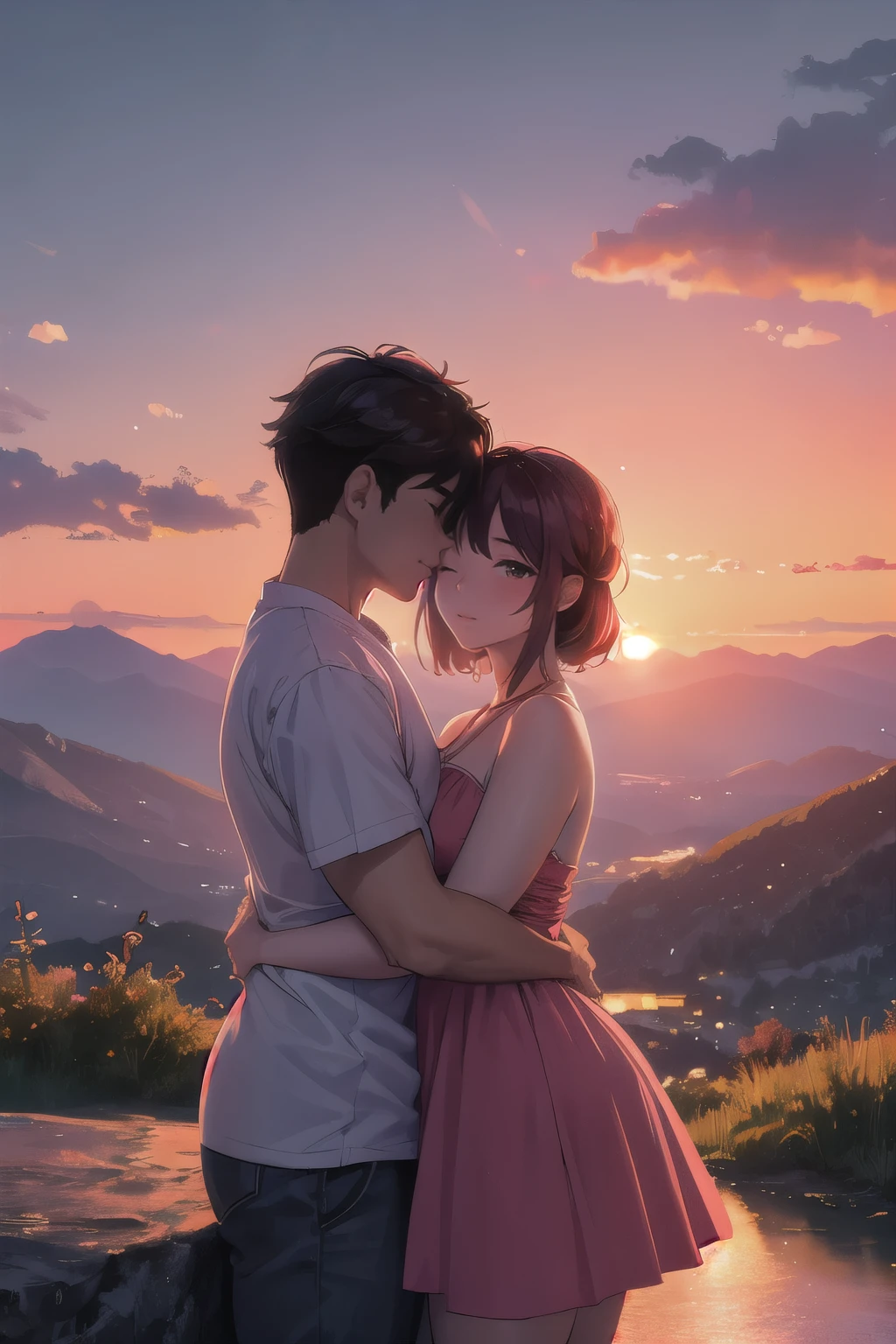 ((Masterpiece)), In a romantic atmosphere，couple cuddling, sunset view，mountain background, Feel the romantic theme of Valentine's Day, 4K resolution