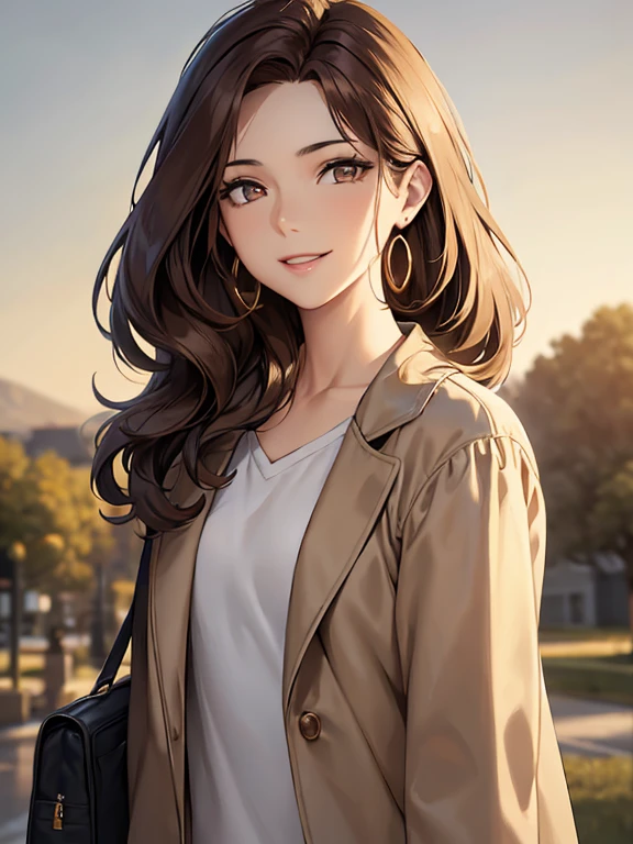 masterpiece, highest quality, High resolution,alone,Brown Hair, Small earrings,artistic,Best lighting,casual,Flat Chest,Beautiful Face,expensive,smile,light makeup,nature,Age 26,Calm woman,Hair blowing in the wind,Blurred Background,Face Focus,Detailed Hair,Laughing woman,amount,Wavy Hair,amount,night,outside,office Street,Woman wearing a jacket,Woman posing,Woman with a bag