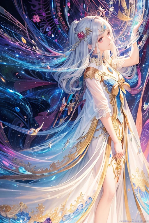 Wear a long skirt、A woman with long flowing hair, Beautiful celestial mage, galaxy goddess, anime fantasy illustrations, white-haired god, anime goddess, Beautiful fantasy anime, beautiful anime artwork, ((beautiful fantasy empress)), Anime fantasy artwork, beautiful anime art, detailed anime art, Cosmic hair anime girl, Belle peinture de personnage, Detailed anime artwork