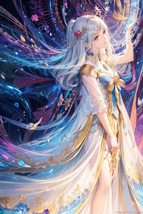 wear a long skirt、a woman with long flowing hair, beautiful celestial mage, galaxy goddess, anime fantasy illustrations, white-h...