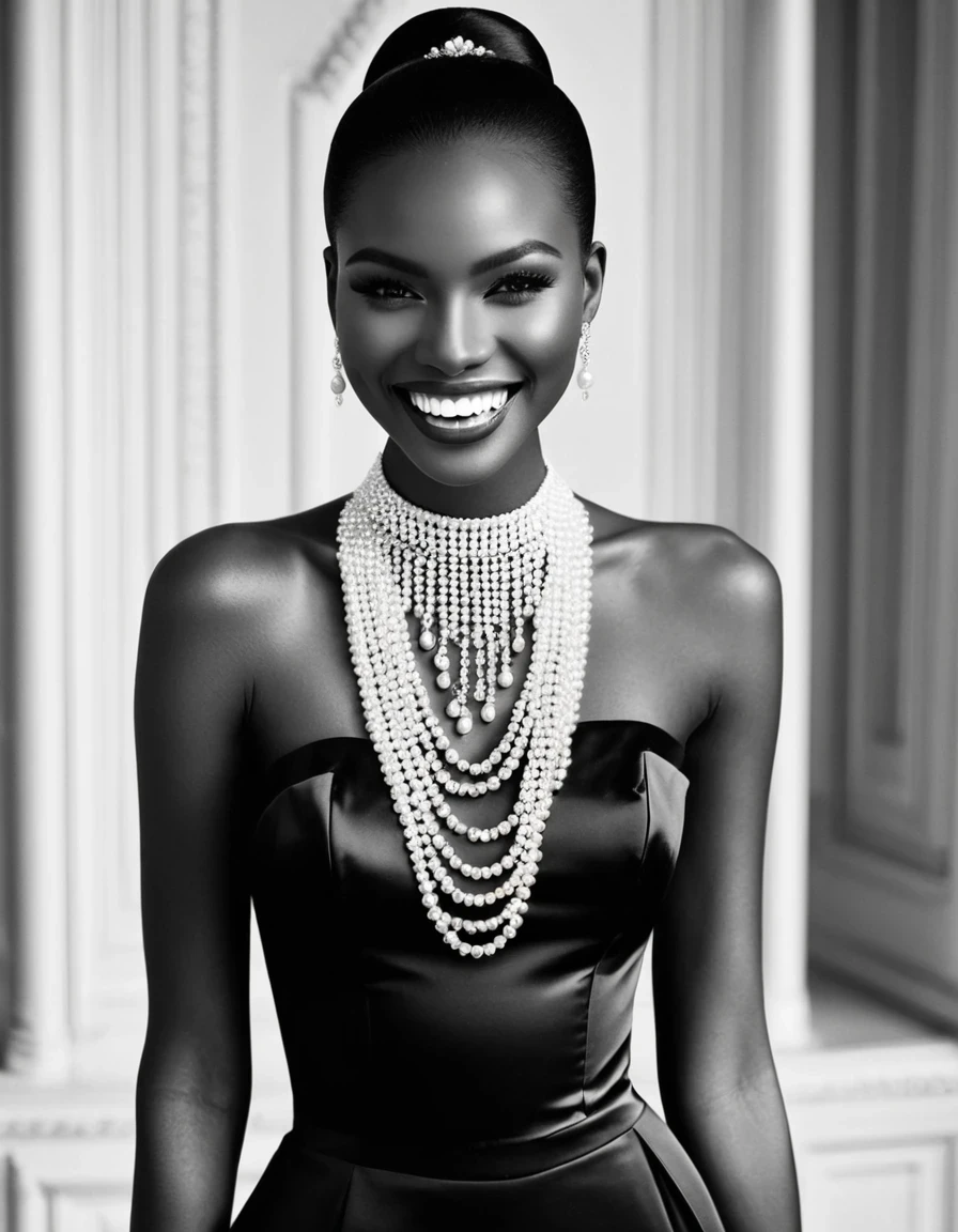 Black and White Fashion Photography，Black model，Straight white teeth，Pearl necklace，Haute couture dresses，beautiful detail,，Lace，Hollow，silk，