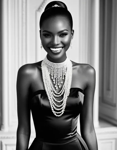 black and white fashion photography，black model，straight white teeth，pearl necklace，haute couture dresses，beautiful detail,，lace...