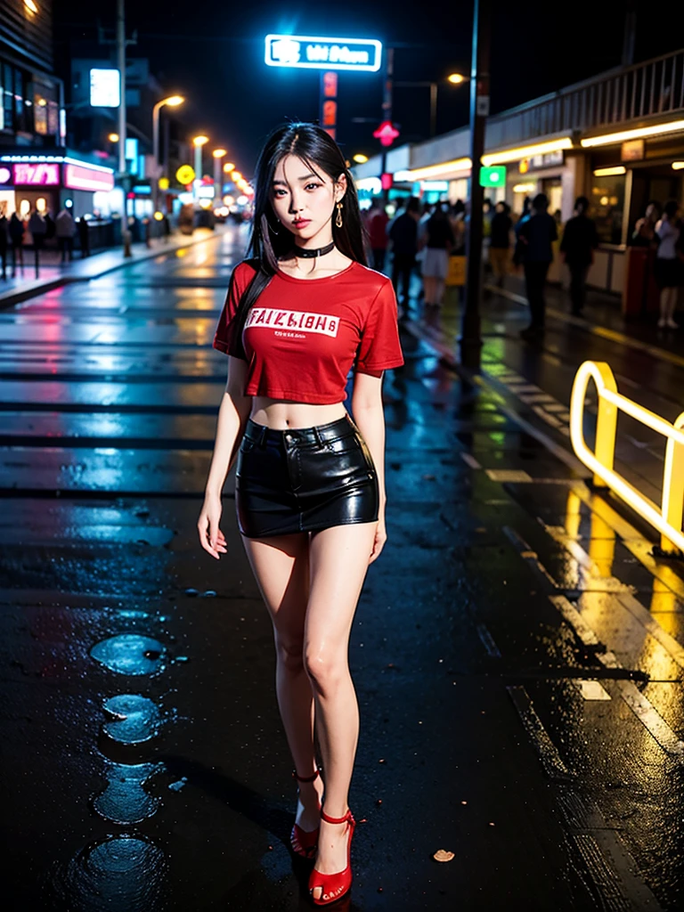 Beautiful Thai college student,long straight black hair,cute face,far shot,choker,full body,large earring,small bag,red shirt,miniskirt,night light,city,Photography,Surrounded by neon-lit reflections of the cityscape, depth of fields,Night, cyberpunk aesthetic, Highly detailed lighting, Dramatic,8K, high-detail, Skin Texture, Realistic skin texture,Best Quality, hight resolution, Photorealsitic