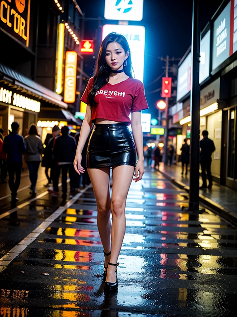 Beautiful Thai college student,long straight black hair,cute face,far shot,choker,full body,large earring,small bag,red shirt,miniskirt,night light,city,Photography,Surrounded by neon-lit reflections of the cityscape, depth of fields,Night, cyberpunk aesthetic, Highly detailed lighting, Dramatic,8K, high-detail, Skin Texture, Realistic skin texture,Best Quality, hight resolution, Photorealsitic