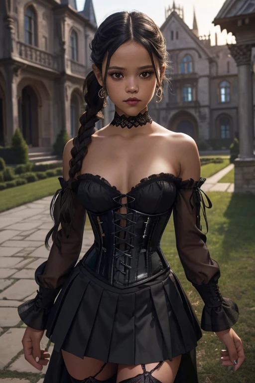 (masterpiece), best quality, expressive eyes, perfect face, (Jenna Ortega at a spooky mansion), (courtyard with dried plants and gothic castle background), (closeup view), (1girl, Jenna Ortega, Jenna Ortega face, Latina, dark skin, tan skin, tan, black hair, twin pigtail braids with straight bangs hairstyle, brown eyes, hourglass figure, thin body, skinny body, small breasts), (black lace-up corset blouse, long black sleeves, strapless, black pleated skirt, black fishnet stockings, lace choker, black earrings, black makeup, black eye shadow, black lips), jortega