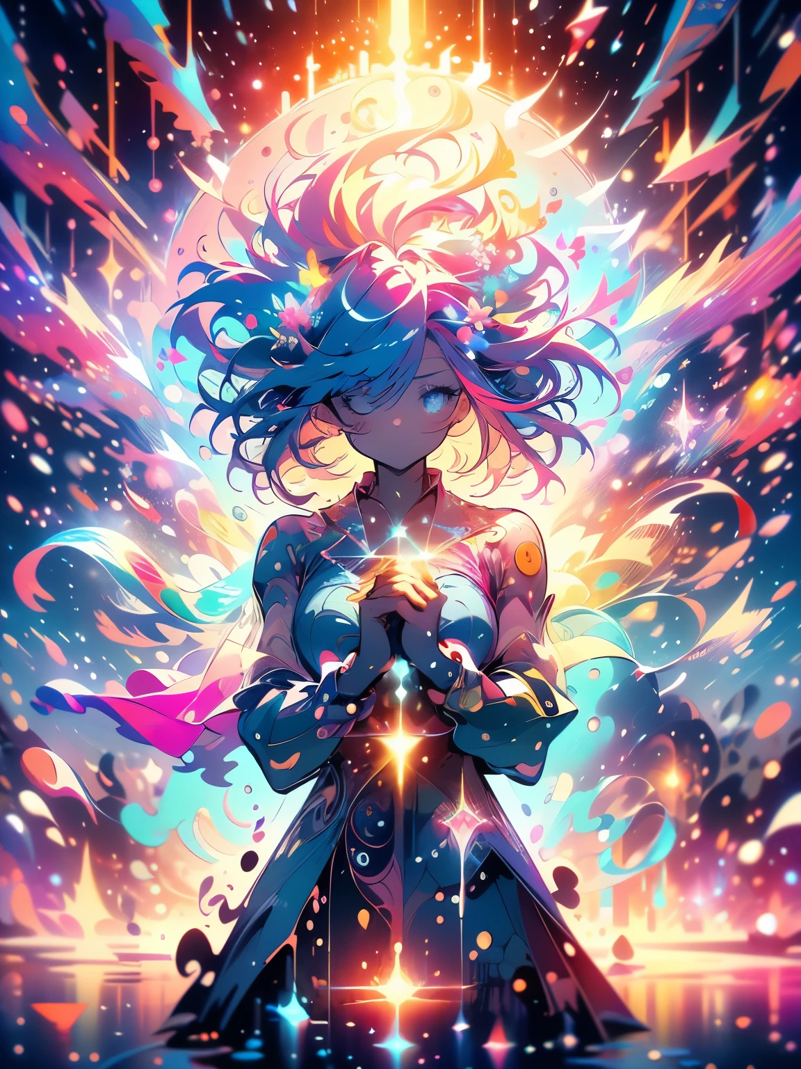 1 Magical Girl, Stand on the water with your eyes closed, Floating in the air, Lots of splashes, Neon Light, The light reflects off the water、Shining, Fantastic illustrations, Mysterious Light, Light on a dark background, 8K, 16K, Colorful light lines, (((masterpiece:1.4))), (highest quality:1.4), (Ultra-high resolution:1.4), (best quality:1.2), (ultra detail:1.3), 