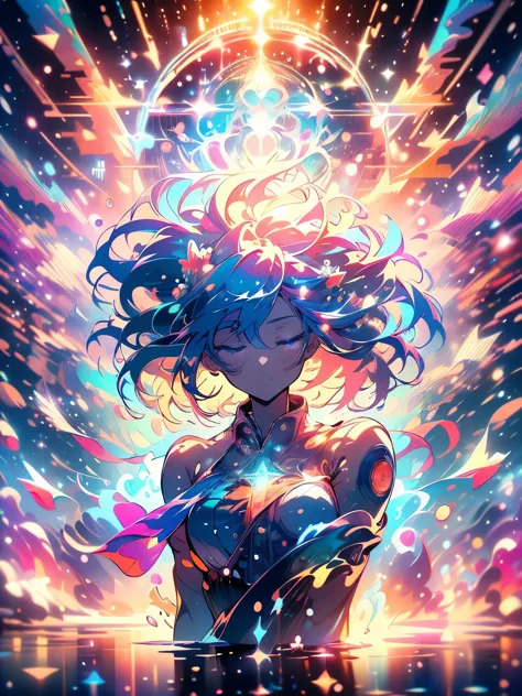 1 Magical Girl, Stand on the water with your eyes closed, Floating in the air, Lots of splashes, Neon Light, The light reflects ...