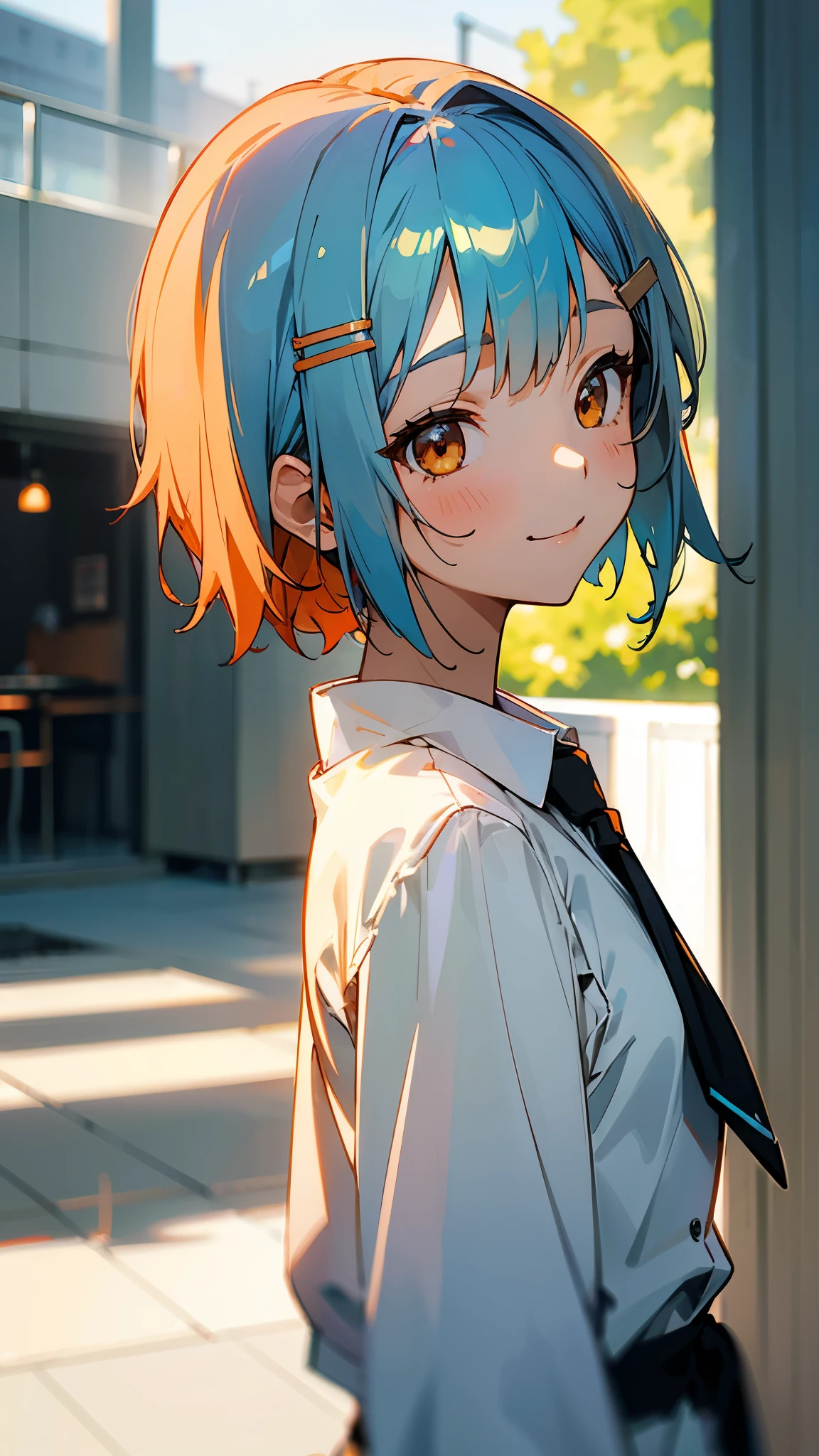 1 girl、Anime Images、Shiny light blue hair、Short Bob Hairstyles、Tie your hair with an orange hair clip、Beautiful brown eyes、smile、From the side、Sharp contourorning Cafe Terrace、Background blur、Written boundary depth