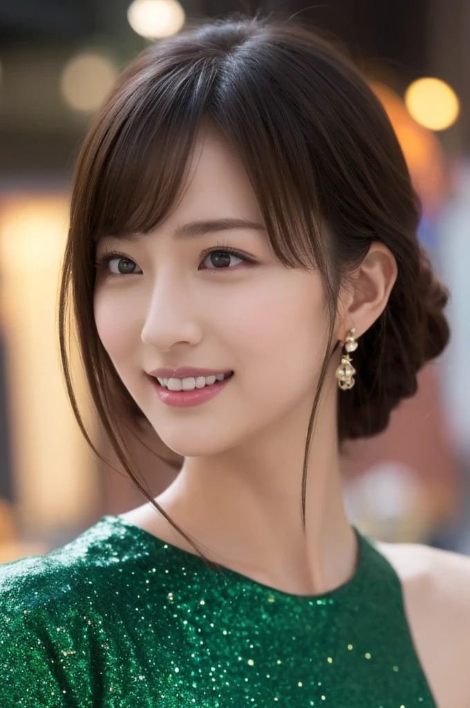 1 girl, (wearing a green glitter dress:1.2), (RAW Photos, highest quality), (Realistic, Photorealistic:1.4), Tabletop, Very delicate and beautiful, Very detailed, 2k wallpaper, wonderful, finely, Very detailed CG Unity 8K 壁紙, Very detailed, High resolution, Soft Light, Beautiful detailed girl, Very detailed目と顔, Beautiful and detailed nose, finelyて美しい目, Cinema Lighting, City lights at night, wonderful照明, Perfect Anatomy, Slender body, small, smile