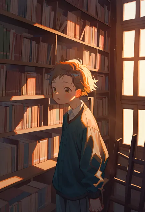 score_9,score_8_up,score_7_up,1 cute boy，in the library，sunshine in the library