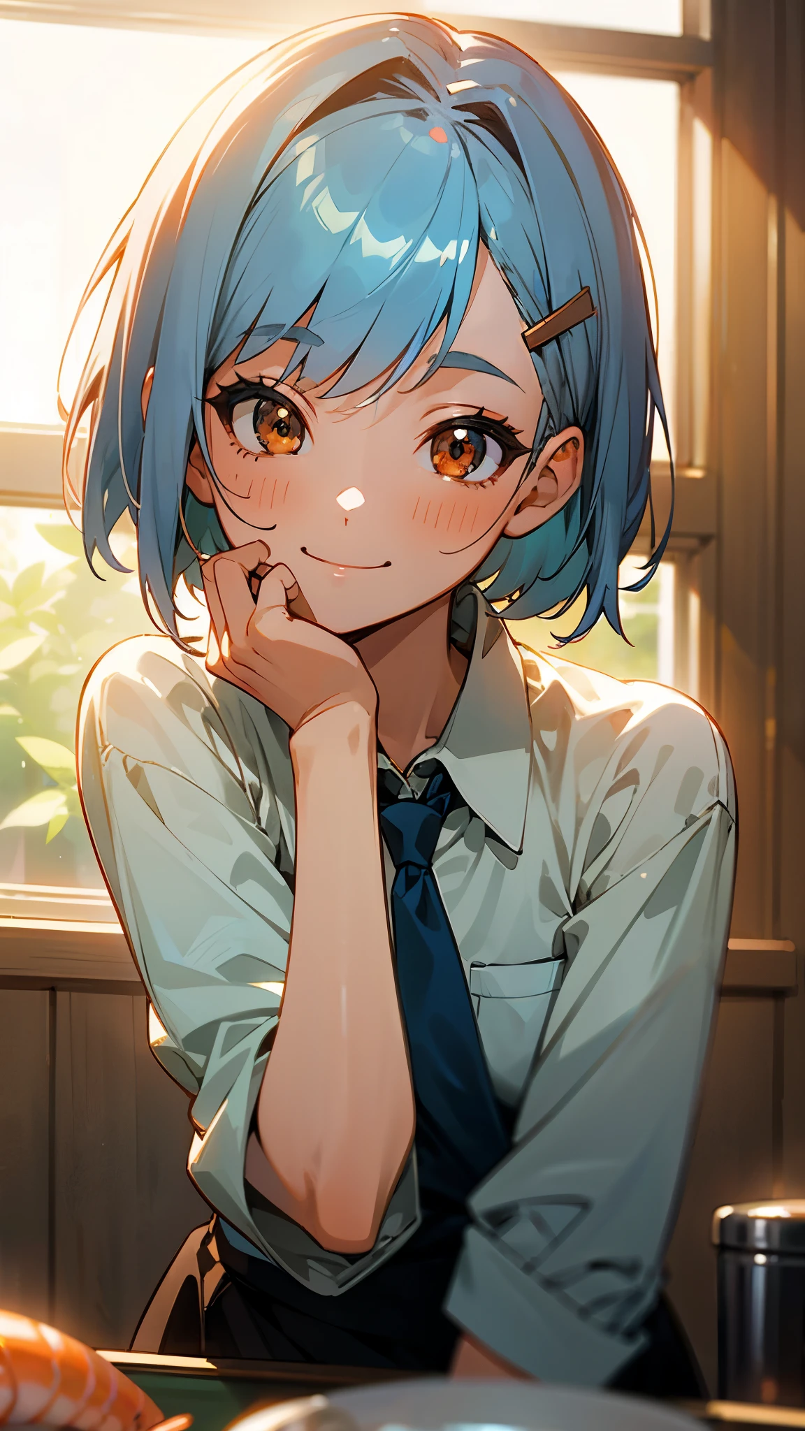 1 girl、Anime Images、kitchen、Delicious food、shrimp、Shiny light blue hair、Short Bob Hairstyles、Tie your hair with an orange hair clip、Beautiful brown eyes、Smiling face、Upper body close-up、Sharp contours、Background blur、Written boundary depth