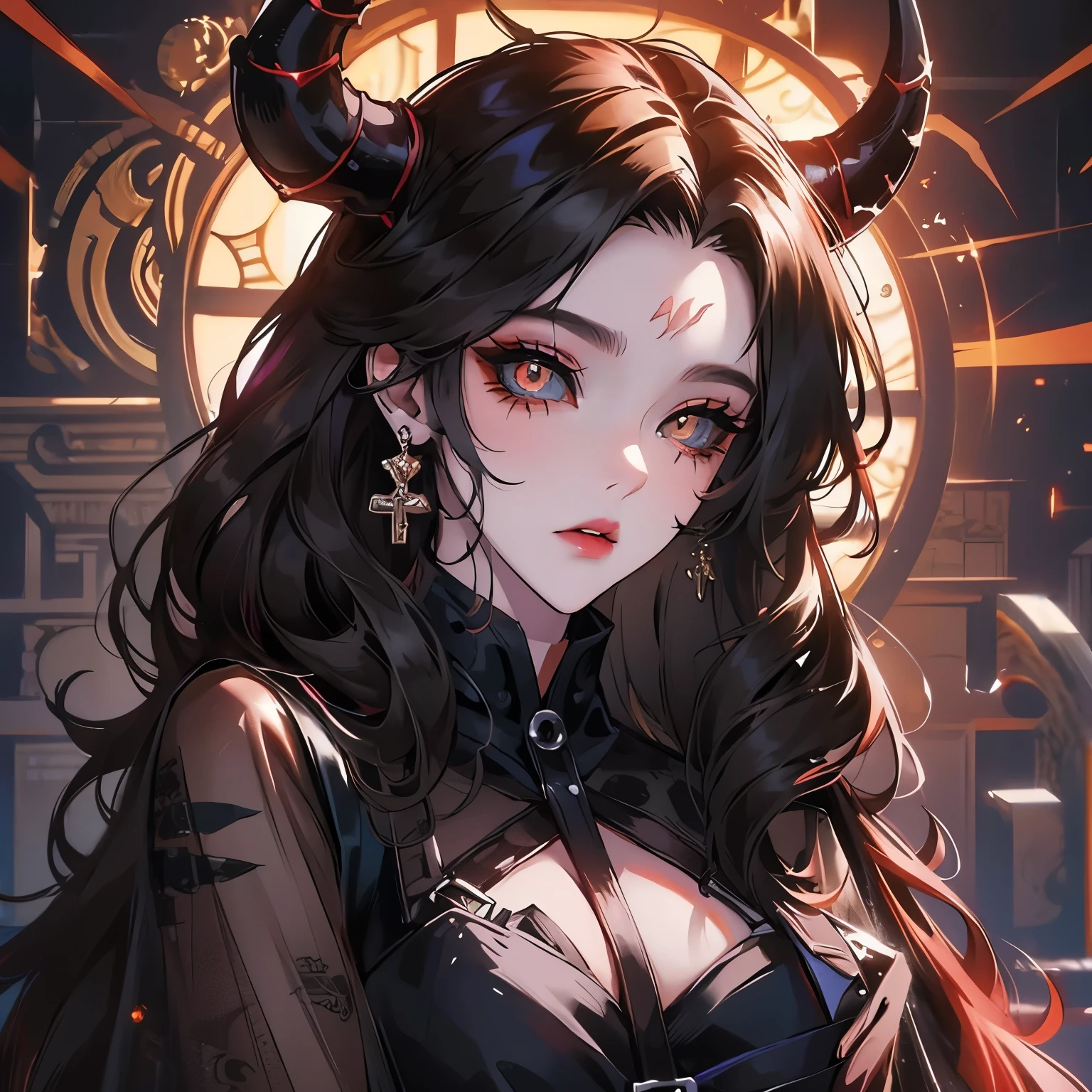 portrait of a Beautiful girl with horns, beautiful face, cat eyes, eyeshadow, volume hair, black sclera, evil, black shiny blouse ish clothing
