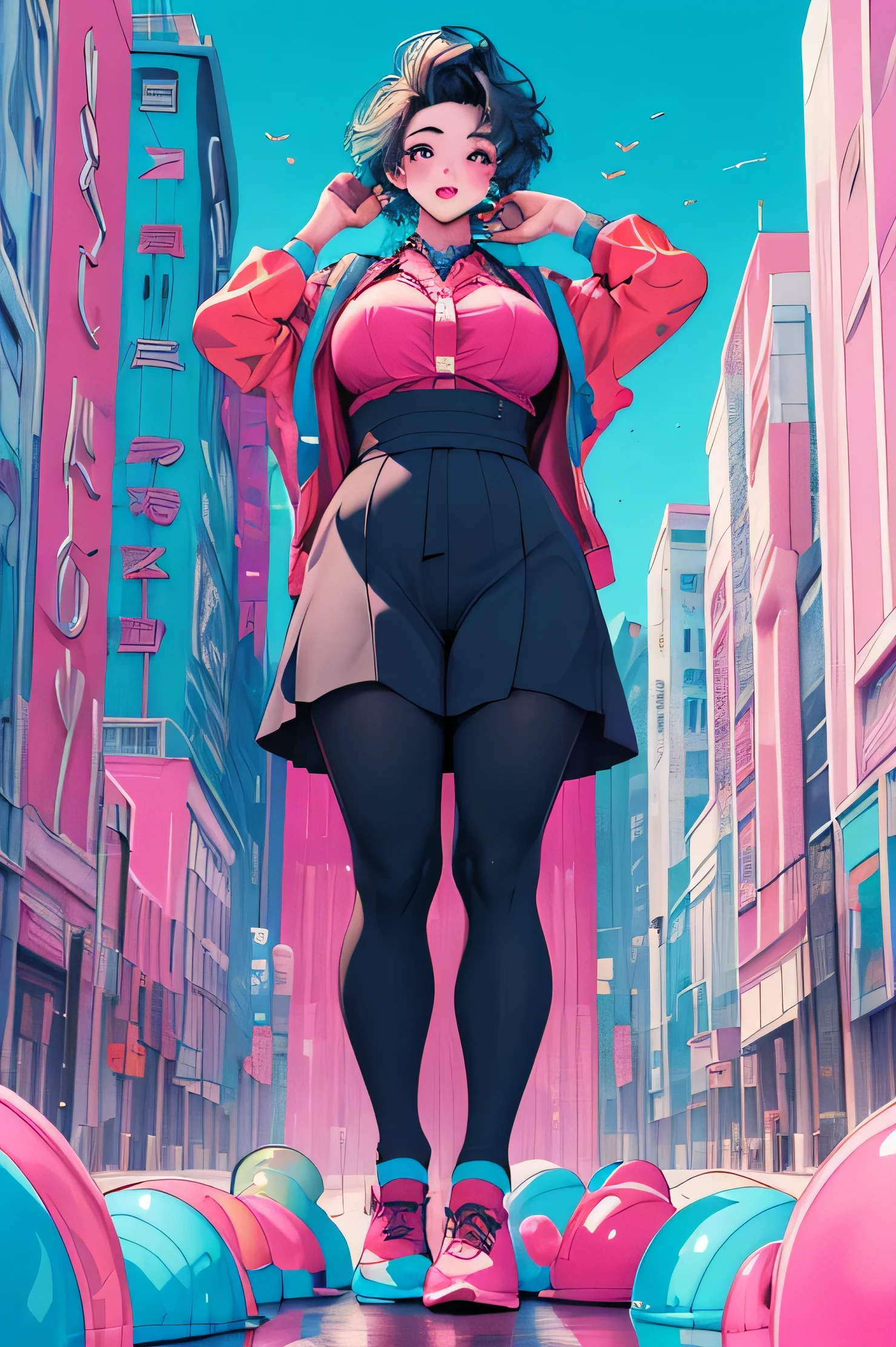 Work suit、Close-up,(masterpiece, highest quality:1.3), (Flat Color:1.3), (colorful:1.3), View your viewers, Young 1 girl, alone, floating colorful ,Buildings (2D:1.3), SD_Vaporwave,Big Breasts、、Are fat,Giant、Height 100ｍ、View from below、laptop、digital camera