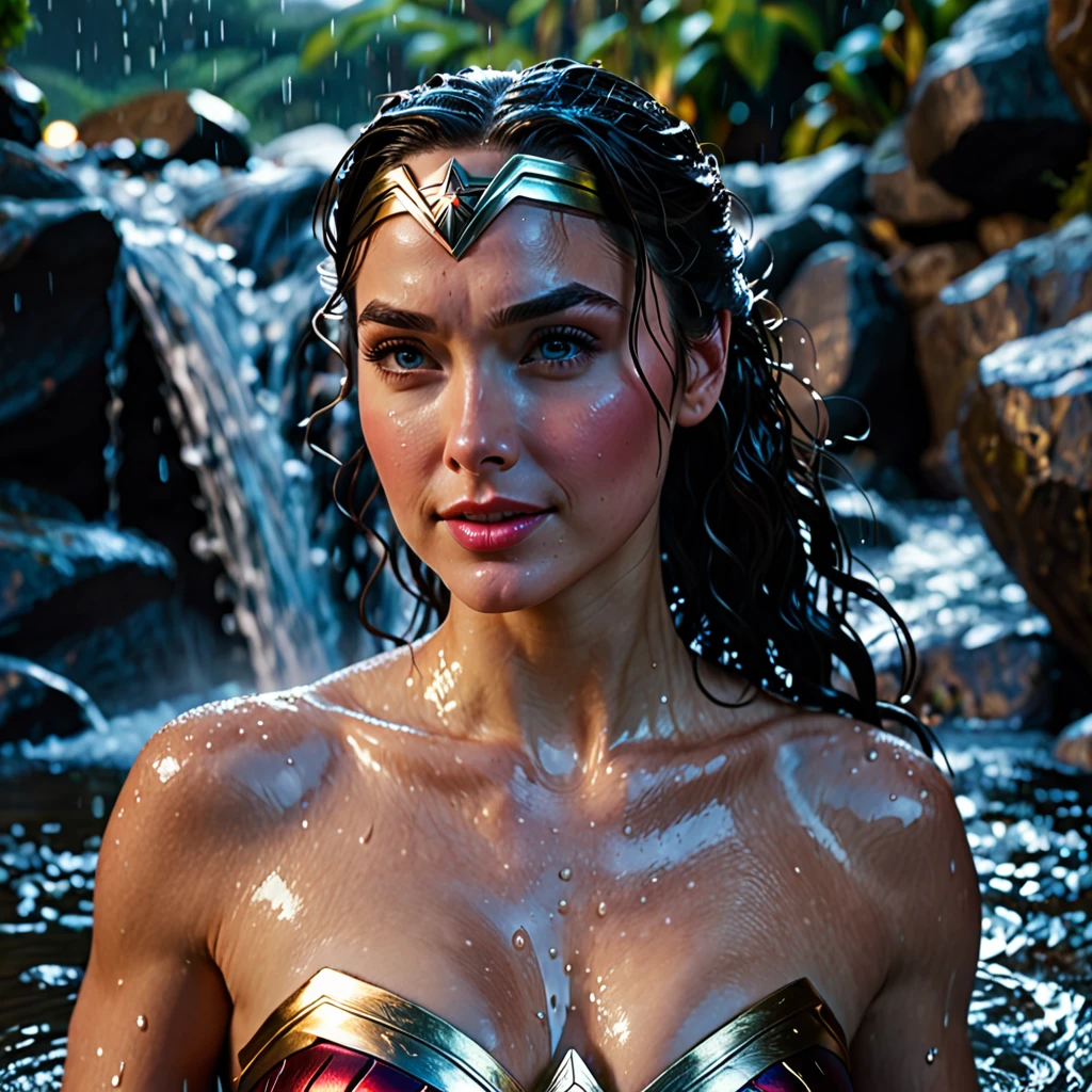 Night scene, close-up photo of Wonder Woman, small breasts, bathing near  the wat - SeaArt AI