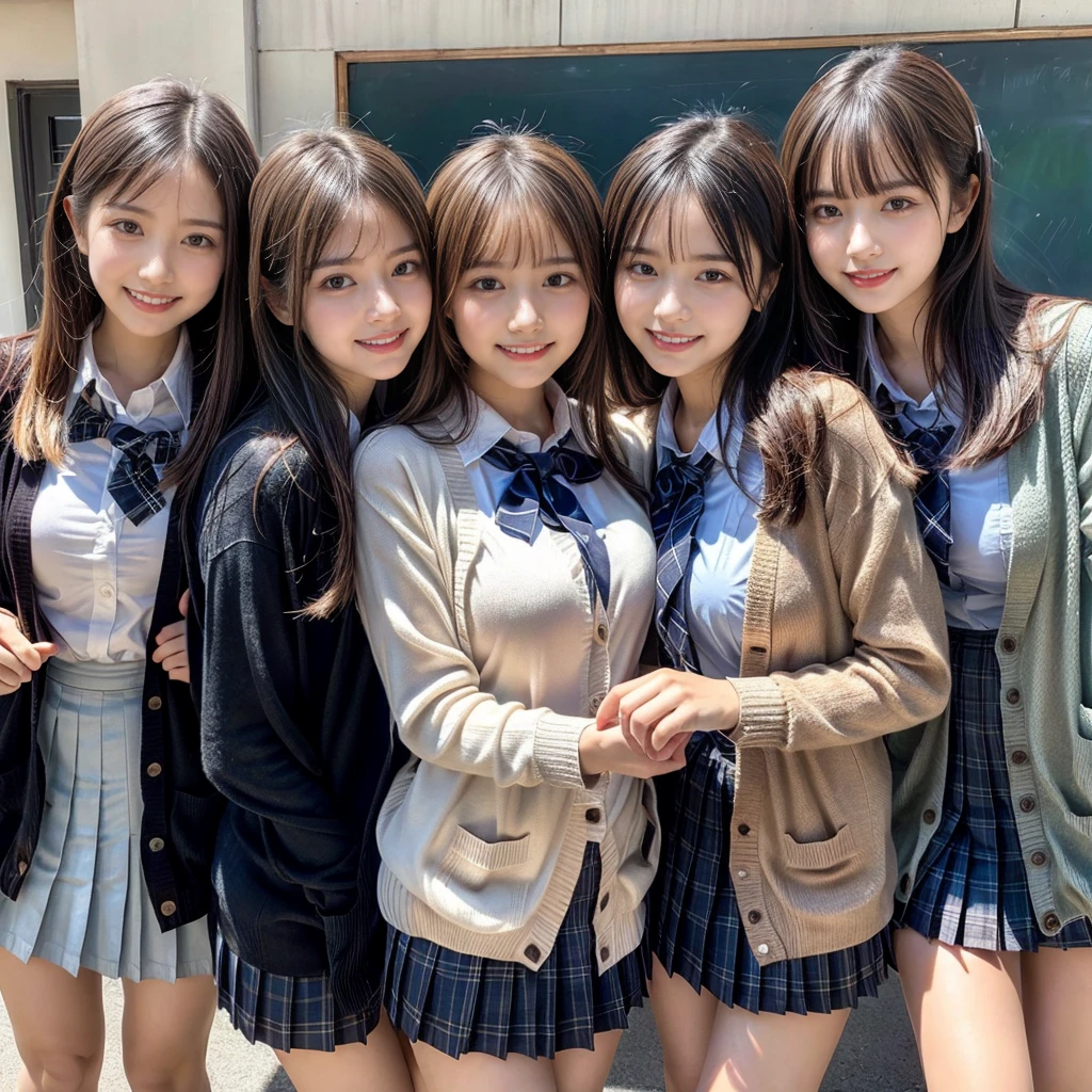 ((qualité supérieure、dessus de la table、8k、Qualité d&#39;image supérieure))、Très saturé、(Photo de groupe de 3 lycéennes:1.5)、((Chemise blanche d&#39;uniforme scolaire、ruban sur la poitrine、jupe plissée à carreaux))、Le sourire le plus heureux、Le plus grand sourire、Montre tes dents et souris、Regarde-moi、(cheveux ondulés)、L&#39;arrière-plan est une salle de classe、rouges à lèvres、maquillage parfait、Mettre l&#39;accent sur les lignes du corps、décolleté du sein、(anatomie précise:1.3)、(Cheveux parfaits:1.2)、(cardigan exact:1.3)