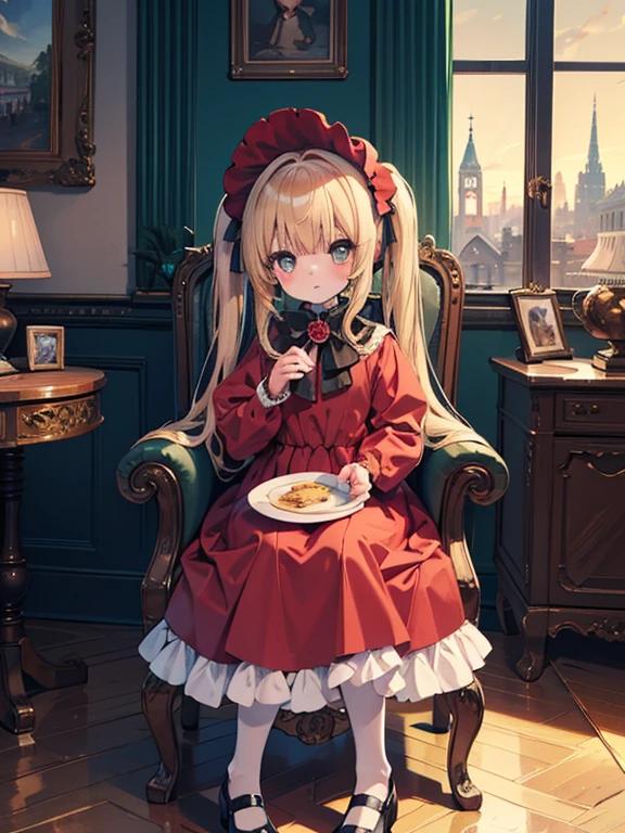 masterpiece, highest quality, Very detailed, 16k, Ultra-high resolution, Cowboy Shot, One 8-year-old girl, Detailed face, Perfect Fingers, Golden Eyes, Blonde,  Original Costume, Twin tails, bonnet、Red dress、White pantyhose cup、Black shoes, Western-style building, Antique chair, sit