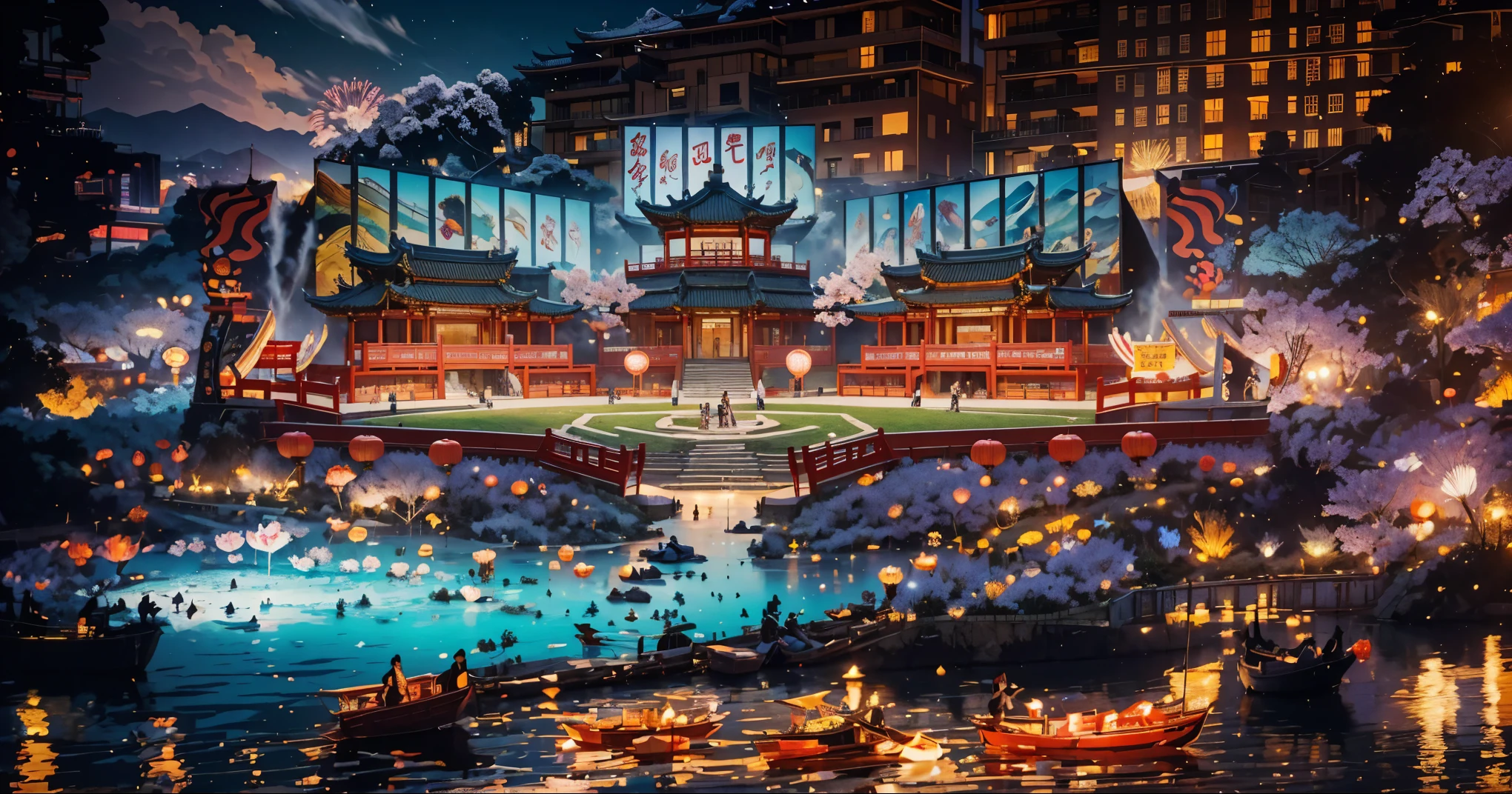 (high resolution,best quality,masterpiece:1.2) Creating an extraordinary open-air stage for Chinese opera in Wushan，Chinese Tang Dynasty，islands，Cherry blossoms and water lilies blooming at night，Large holographic display，image。The background is a tall building、Mountains、Dark Sky。Grand New Year Fireworks Show, Colorful fireworks display, Energetic, 捕捉现场Energetic的氛围 , Perfectly capture the intricate details of every exploding firework, Professional photography, Bright colors, Clear focus, A true portrait of stunning fireworks, Light up the night sky, Show the beauty of celebration, magnificent artistic depiction , Capturing the essence of the festive spirit, Carefully created works, Use studio lighting to highlight fireworks, Clever use of bokeh creates a dreamy and captivating atmosphere, Amazing fireworks display, Bring the excitement and joy of New Year celebrations to life.