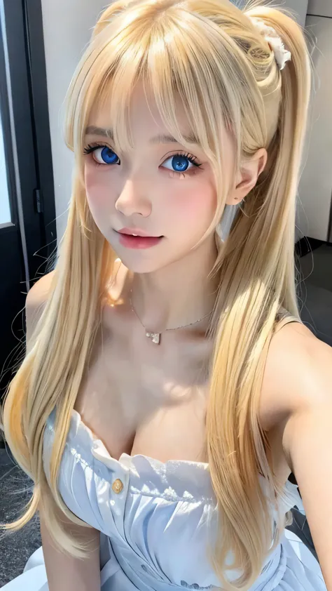 Blonde twin tails are sexy, So her face is very cute and beautiful.、Very beautiful, shiny white skin、Beautiful messy bangs above the eyes、Very beautiful and shining, very bright sky blue eyes、Very big eyes、Small Face Beauty、Beautiful very long shiny silky ...
