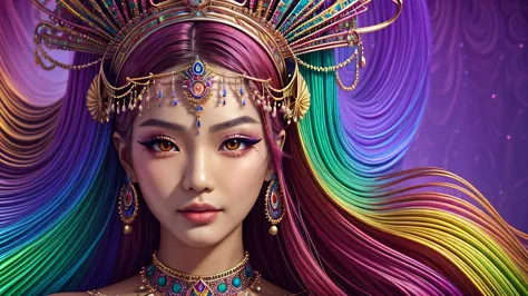 Close-up of a woman wearing a colorful headdress and makeup., colorfull digital fantasy art, exquisite digital illustration, psy...