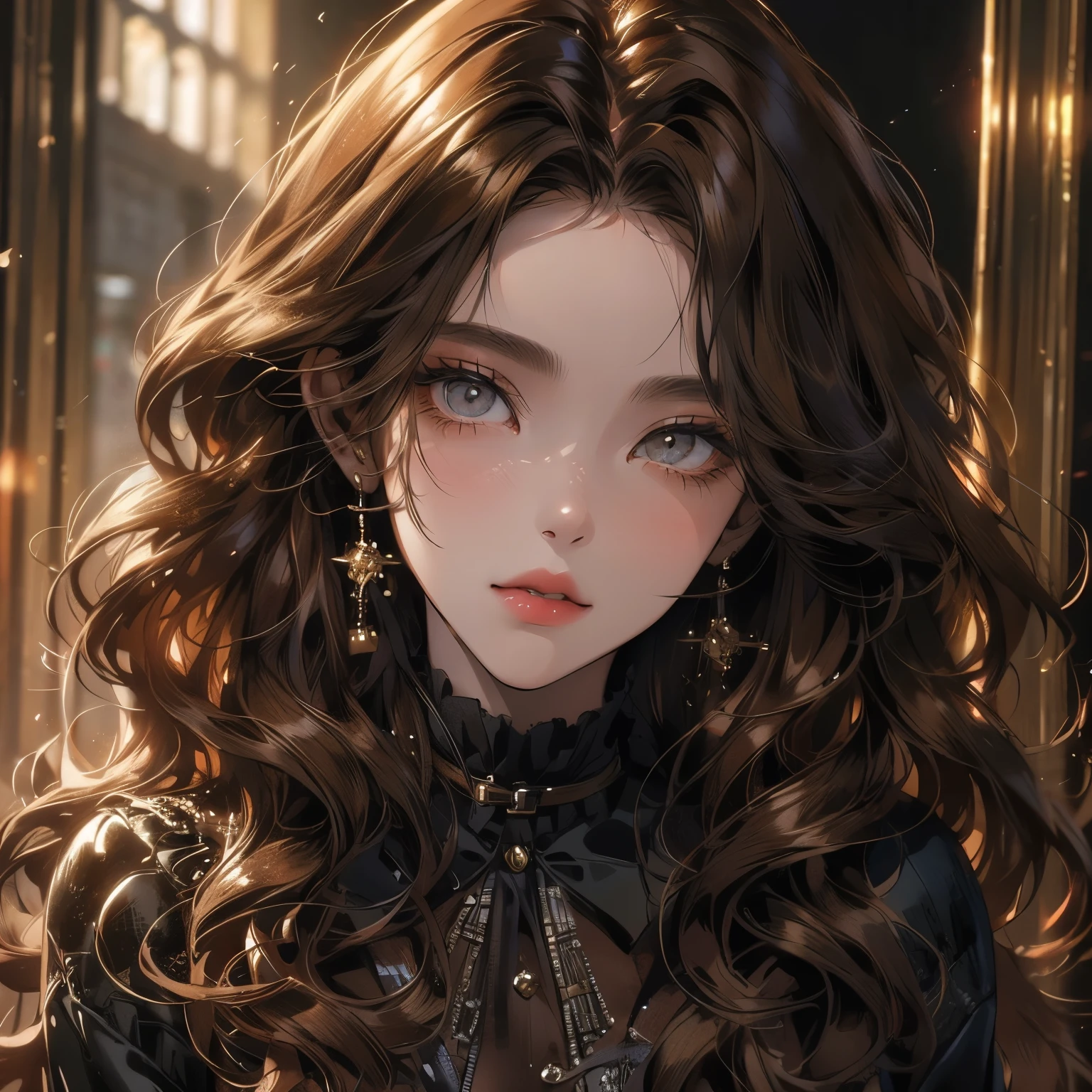 portrait of a Beautiful girl with brown curly hair beautiful face, cat eyes, eyeshadow, volume hair,rblue shiny blouse ish clothing, long sleeves
