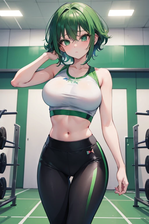1 girl, izuku midoria as a stunning girl, short green hair, tight gym leggings and a white crop top, gym, high res, ultra sharp, 8k masterpiece
