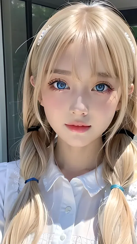 Blonde twin tails are sexy, So her face is very cute and beautiful.、Very beautiful, shiny white skin、Beautiful messy bangs above the eyes、Very beautiful and shining, very bright sky blue eyes、Very big eyes、Small Face Beauty、Beautiful very long shiny silky ...