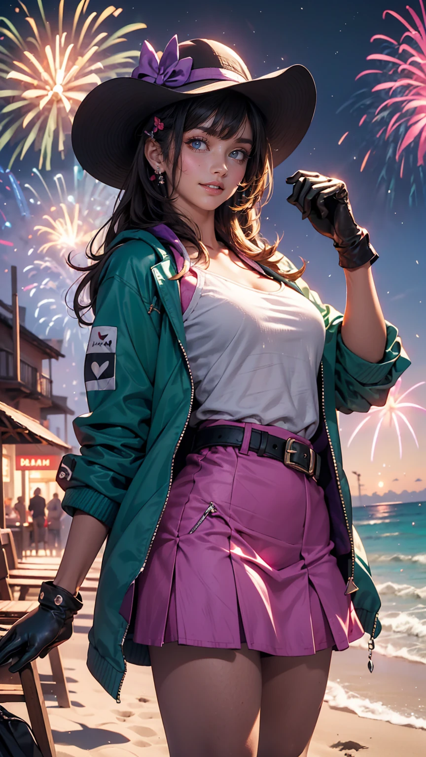 masterpiece, highest quality, Mouse Egret, Purple hat, Hair Clip, Green ribbon, Purple Jacket, White gloves, belt, Purple Mini Skirt, Upper Body, Blushing, smile, View Viewer, Beach, night, moon, firework, Place your hand on your chest