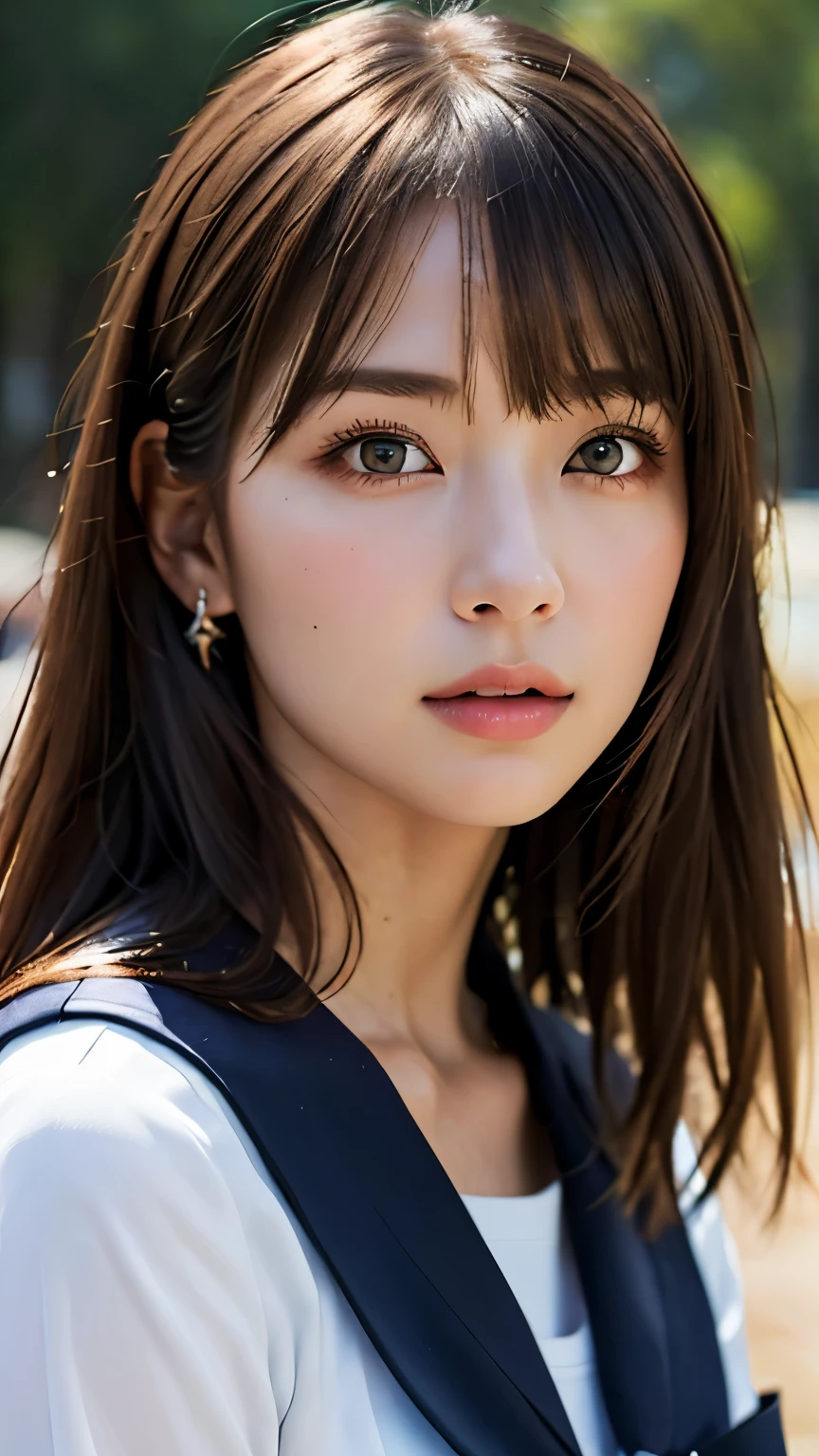 (hig彼st quality、8k、32k、masterpiece)、(Realistic)、(Realistic:1.2)、(High resolution)、(Cowboy Shot:1.3, Front view:1.6), Very detailed、Very beautiful face and eyes、1 girl、Delicate body、(hig彼st quality、Attention to detail、Rich skin detail)、(hig彼st quality、8k、Oil paints:1.2)、Very detailed、(Realistic、Realistic:1.37)、Bright colors, (high school girl:1.6, Sailor suit), Blunt bangs, 