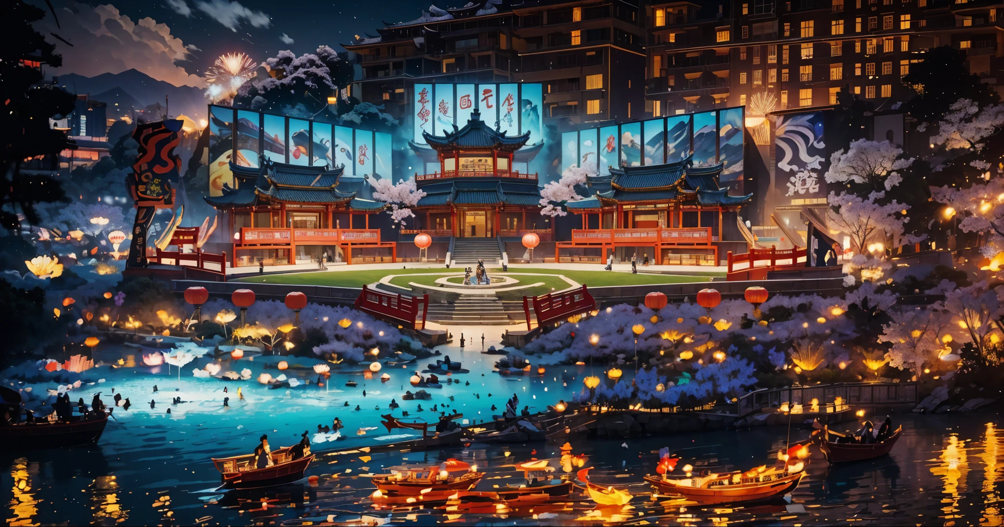 (high resolution,best quality,masterpiece:1.2) Creating an extraordinary open-air stage for Chinese opera in Wushan，Chinese Tang Dynasty，islands，Cherry blossoms and water lilies blooming at night，Large holographic display，image。The background is a tall building、Mountains、Dark Sky。Grand New Year Fireworks Show, Colorful fireworks display, Energetic, 捕捉现场Energetic的氛围 , Perfectly capture the intricate details of every exploding firework, Professional photography, Bright colors, Clear focus, A true portrait of stunning fireworks, Light up the night sky, Show the beauty of celebration, magnificent artistic depiction , Capturing the essence of the festive spirit, Carefully created works, Use studio lighting to highlight fireworks, Clever use of bokeh creates a dreamy and captivating atmosphere, Amazing fireworks display, Bring the excitement and joy of New Year celebrations to life.