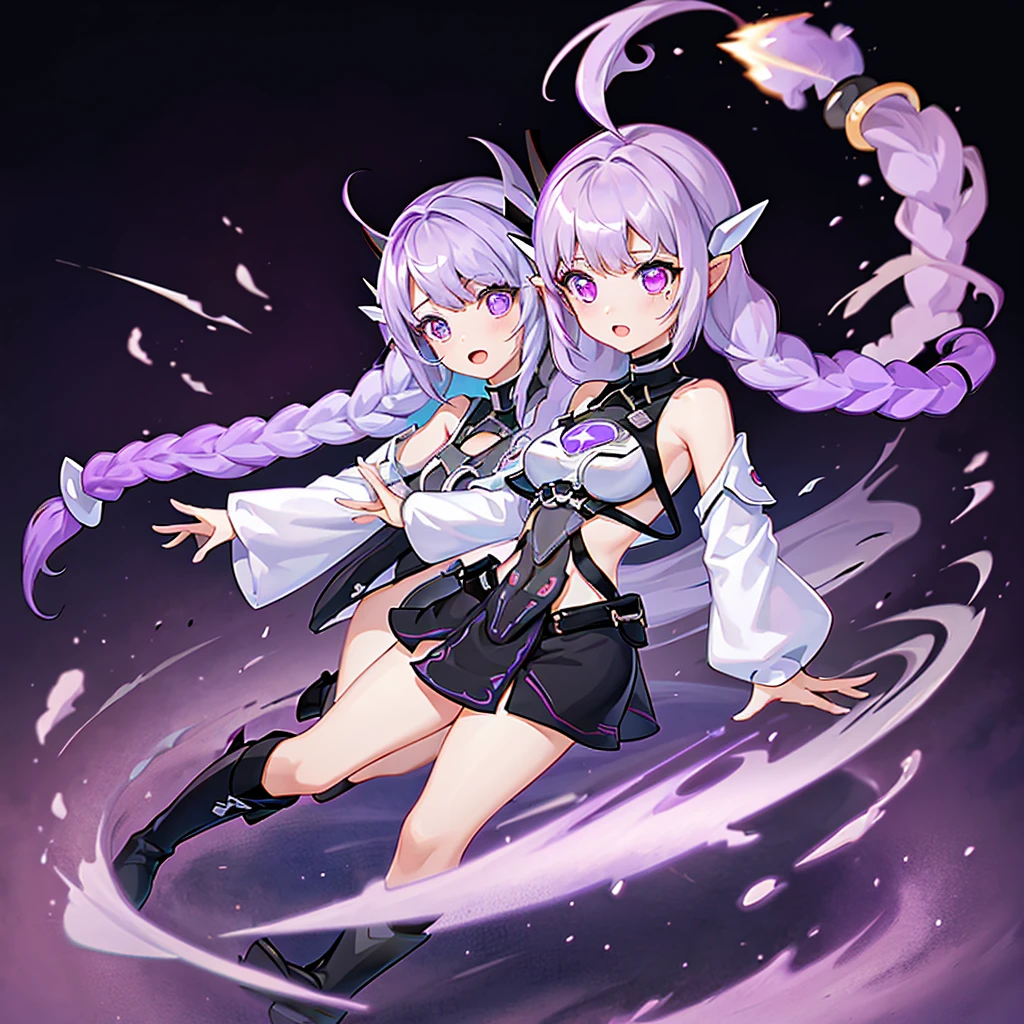 masterpiece, best quality, yinji,(2girls,multiple girls, :1.2),chibi,purple eyes, braid, twin braids, open mouth, ahoge, purple hair, long hair, simple background, boots, bangs, black footwear, dress, full body, horns, looking at viewer, long sleeves, black dress, floating, twintails, falling