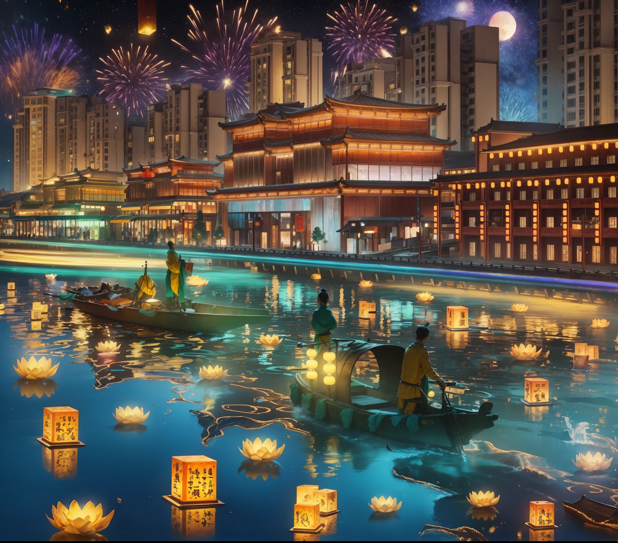 in the winter，new year，City night scene，(architecture:1.3)，(lightbrilliant)，light，starry sky river，Brilliant colors，wonderland，The fragrance of flowers，pmajor photographer，High-quality wide-angle lens，Capture moments and details，Angle and focus adjustments，Sturdy tripod，remote control，Photo stability and clarity，Holiday celebration，(Chinese cities:1.2)，Colorful colors，Gorgeous form，A city with buildings and fireworks in the sky, an ancient style river at night with people rowing on it, lotus lanterns floating on the water, bright lights illuminating modern architecture in a yellow-green color scheme, in the style of an illustration, with high resolution, a hyperrealistic rendering of characters, and colorful light effects. ,Fireworks erupt and bloom，Beautiful fireworks in the night sky，Stunning and spectacular，Celebrate the holidays together，Festive mood，Happy Mood，Leaving the city celebration，（Ultra high saturation:1.5，Best image quality，8k，HD，masterpiece:1.2，Super detailed，realistically，Photo realism:1.major，Bright colors，Ultra HD，Studio light，Super fine，Focus is clear，Physically based rendering，extremely detailed description）